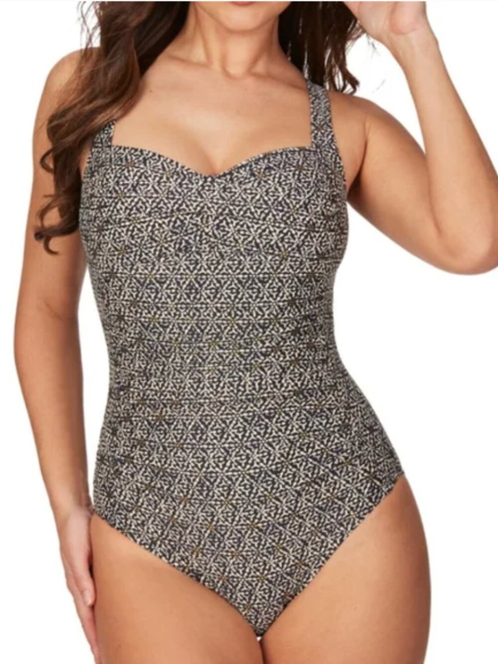 NIP TUCK Nautical Foil Joanne One Piece Swimsuit Navy Blue Tan Gold Boho Size 12 - Picture 8 of 8